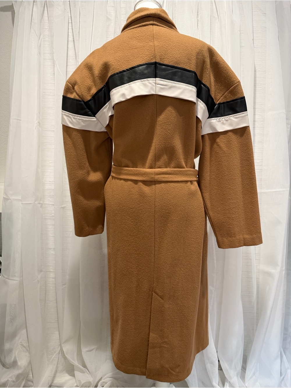 Womens Camel Belted Long Coat with Black & Cream Trim - Picture 2 of 7